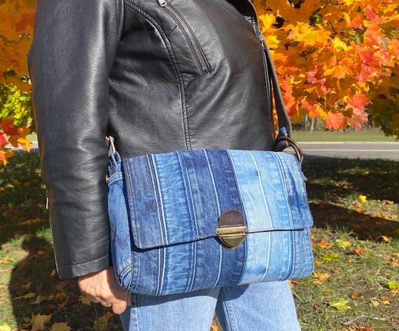 Upcycled Denim Messenger Bag with Strap, Metal Closure, Black Nylon Lining & 2 Interior Pockets