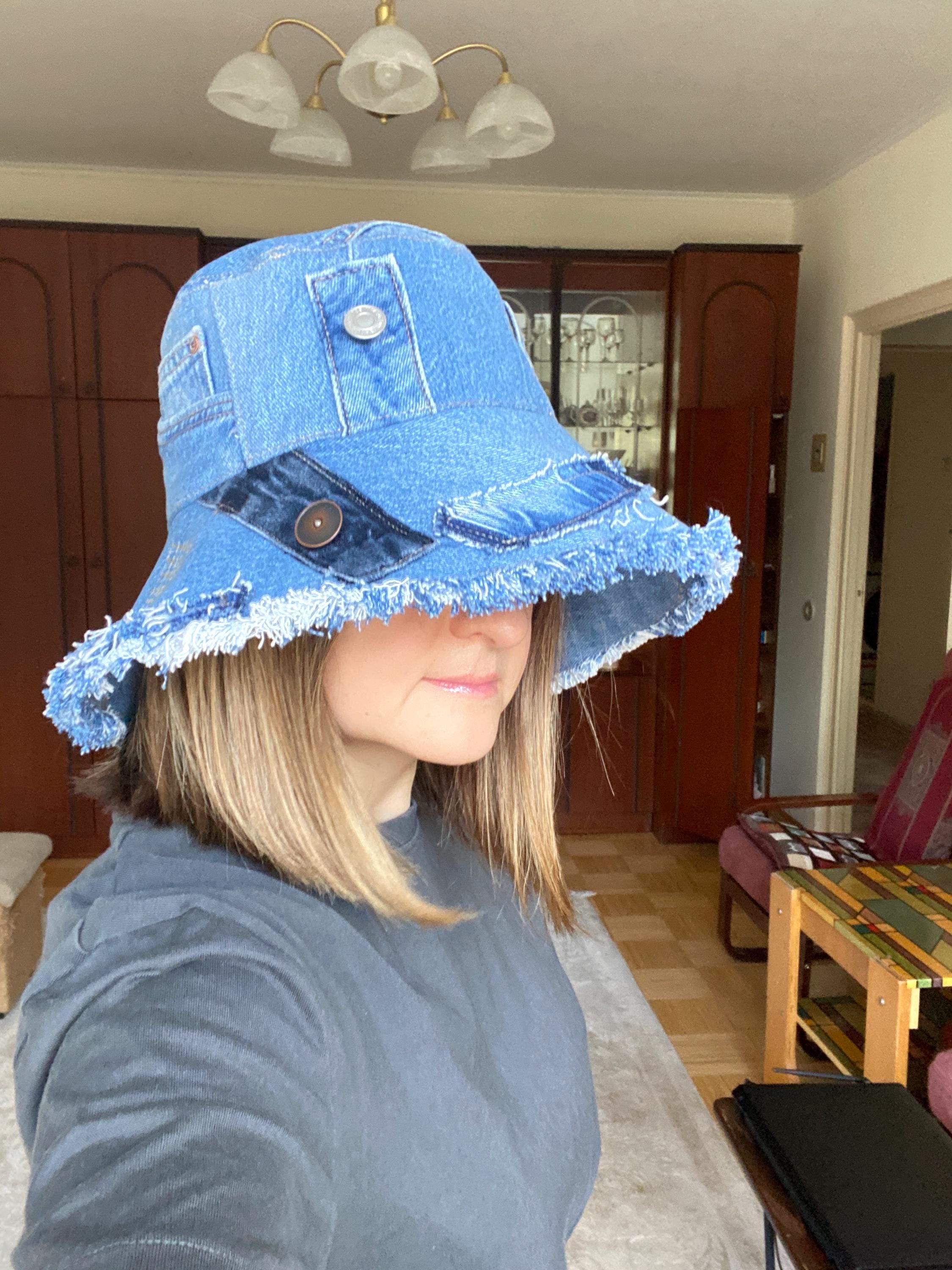 Upcycled Denim Bucket Hat Frayed Grey Wash Boho M/L Distressed Denim Bucket Hats Frayed Jean Ripped Hole Fringe  main image 4