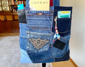 Handmade Patchwork Denim Tote Bag: Upcycled Jeans Shoulder Bag