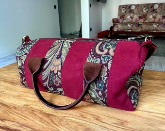 Upcycled Canvas Barrel Bag: Handmade Patchwork Duffle with Adjustable Leather Strap