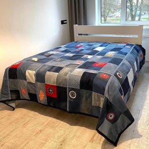 Handmade Patchwork Denim Quilt, Floral Appliqué, Reversible Cozy Throw Blanket