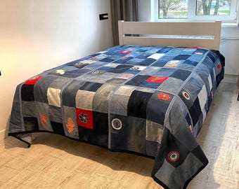 Handmade Patchwork Denim Quilt, Floral Appliqué, Reversible Cozy Throw Blanket