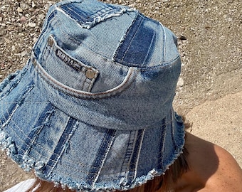 Upcycled Denim Bucket Hat – Handmade Patchwork Grunge Cap, One-of