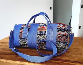 Boho Denim & Tribal Print Barrel Weekender Bag with Adjustable Strap – Stylish Carryall