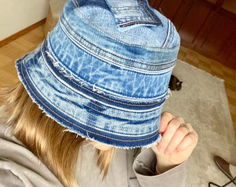 Upcycled Denim Bucket Hat: Handmade Patchwork Jean Belt Design