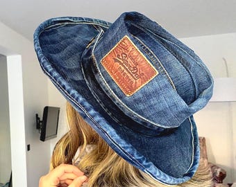 Denim Upcycled Cowboy Hat with Linen Interior – Size: L-XL, Adjustable Tie For a Custom Fit