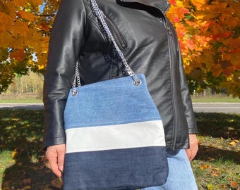 Upcycled Denim Color-Blocked Handbag with Chain Strap & 2 Interior Pockets
