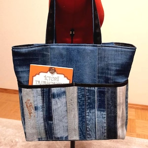 Handmade Denim Patchwork Tote Bag: Upcycled Jeans with Pockets