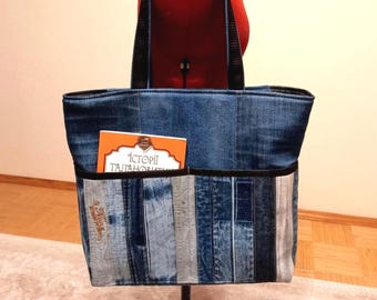 Handmade Denim Patchwork Tote Bag: Upcycled Jeans with Pockets