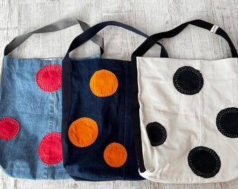 One-of-a-Kind Upcycled Denim Circle Tote Bag | Handmade Eco-Friendly Bag