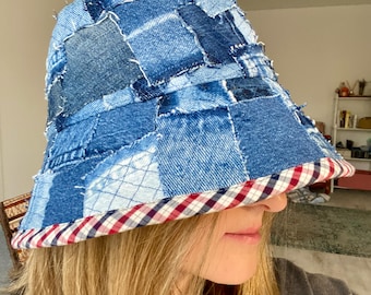 Handmade Upcycled Denim Bucket Hat: Sashiko Patchwork, Eco-Friendly