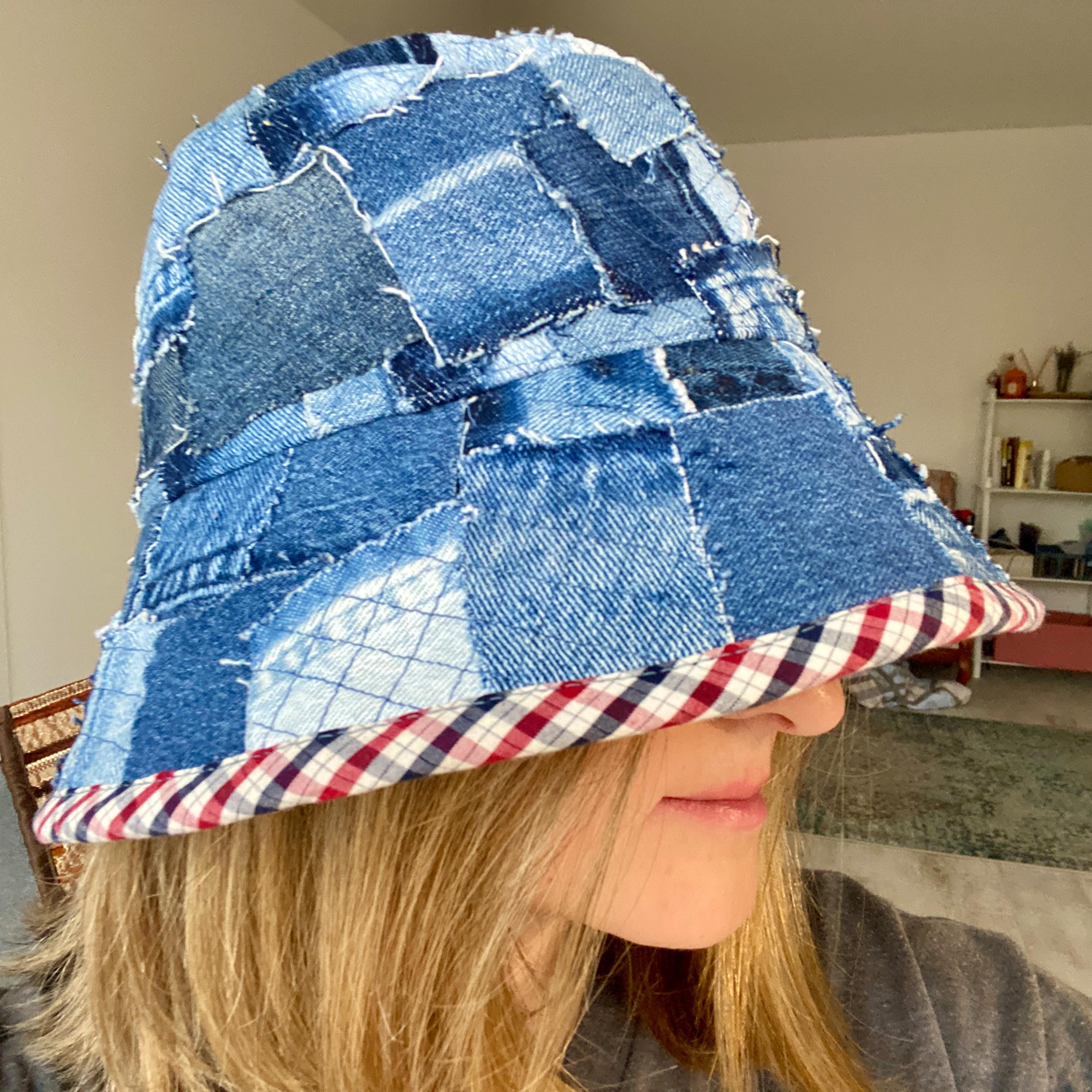 sashiko design Reversible Bucket Hat ? Sashiko bucket hat hand embroidered from scraps  main image 3