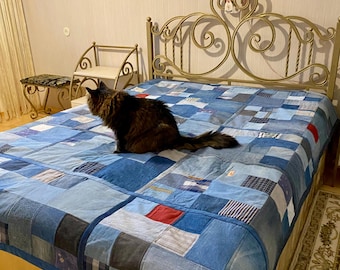 Handmade Patchwork Quilt: Upcycled Denim and Cotton Fabric