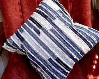 Handmade Patchwork Denim Pillow Cover with Hand Sewn Fabric Accents