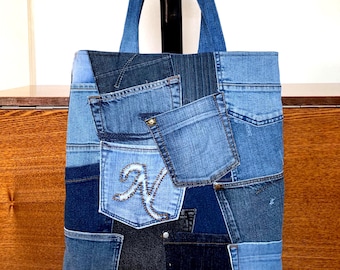 Bolso tote de patchwork de mezclilla hecho a mano: bolso de hombro reversible de jeans reciclados