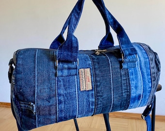 Handmade Upcycled Patchwork Denim Barrel Bag with Adjustable Strap
