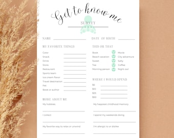 Getting to Know Me survey printable, favorite things questionnaire, all about me questionnaire, employee favorites list template