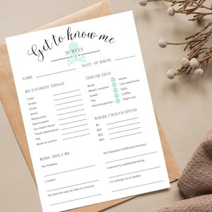 Getting to know you questionnaire printable, favorite things survey, team building get to know me form, all about me printable worksheet