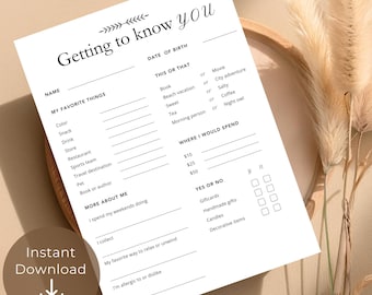 Getting to know you questionnaire printable, favorite things questionnaire, all about me, get to know me questions, employee favorites list