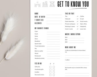 Employee favorites list printable, team building get to know me questionnaire, get to know you survey, employee favorite things form