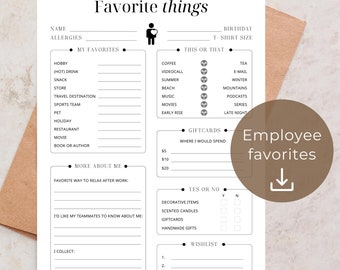 Employee favorite things survey printable, get to know my coworkers worksheet, employee favorites list,  getting to know you questionnaire