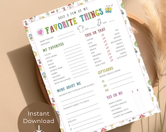 Teacher favorites list printable, get to know teacher, all about my teacher survey, teacher favorite things questionnaire, meet the teacher
