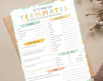 Getting to know my team survey printable, get to know me questionnaire, coworkers survey, employee favorite things survey