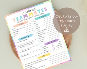 Getting to know my team survey printable, get to know me questionnaire, coworkers survey, employee favorite things survey