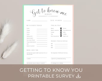 Get to know me survey printable, favorite things questionnaire, getting to know you survey,  all about me, employee favorites list