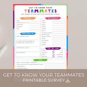 Getting to know my team form printable, get to know me questionnaire, team building get to know me, employee favorite things survey