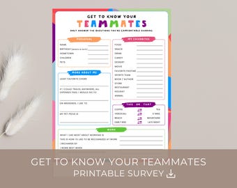 Getting to know my team form printable, get to know me questionnaire, team building get to know me, employee favorite things survey