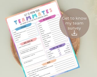 Getting to know my team survey printable, get to know me questionnaire, coworkers survey, employee favorite things survey