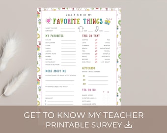 All about my teacher survey, teacher favorites list print, get to know my teacher, teacher favorite things questionnaire, meet the teacher