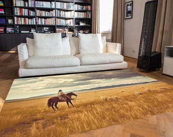 Cowboytapijt, landschapskleed, woestijntapijt, steppekleed, cowboy, landschap, woestijn, steppe, kleurrijk tapijt, coole tapijten, decoratief tapijt, bedrukt tapijt