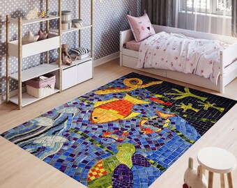 Mozaïektapijt, mozaïek, aquariumtapijt, Sealife-tapijt, kleurrijk tapijt, coole tapijten, decoratief tapijt, bedrukt tapijt, tapijt voor kinderen
