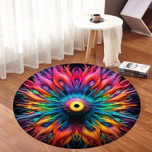 Può includere: Un tappeto rotondo con un design psichedelico vibrante. Il tappeto presenta una forma centrale a forma di occhio con motivi radianti nei toni del rosa, blu, giallo e arancione su uno sfondo nero. Il tappeto è su un pavimento in legno.