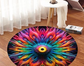Psychedelic Eye Round Rug, Colorful Abstract Mandala Carpet Trippy Visionary Art,Boho Living Room Decor,Spiritual Meditation Mat,Printed Rug