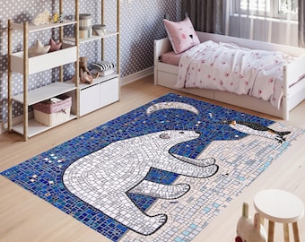 Mozaïek vloerkleed, mozaïek, ijsbeer, pinguïn, pool, zeelevendeken, kleurrijk vloerkleed, coole vloerkleden, decoratief vloerkleed, bedrukt vloerkleed, vloerkleed voor kinderen