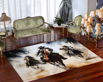 Cowboytapijt, bandietenkleed, liggend tapijt, cowboy, bandiet, landschap, kleurrijk tapijt, coole tapijten, decoratief tapijt, bedrukt tapijt