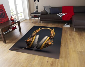 Vikingtapijt, koptelefoontapijt, muziektapijt, muziekkleed, kleurrijk tapijt, livemuziek, kameleontapijt, gametapijt, decoratief tapijt, gamerroomtapijt, bedrukt tapijt