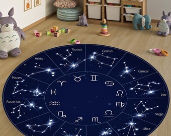 Tapijt met horoscooptekens, rond tapijt, liefdeshoroscooptapijt, tweeling-astrologie, astrologiezone, leeuw dierenriem, kleurrijk tapijt, decoratief tapijt, bedrukt tapijt