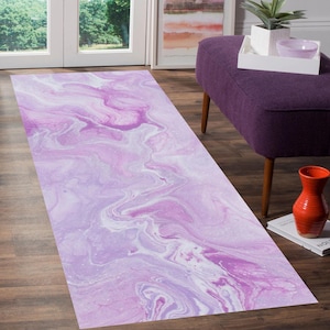 Pink Marble Runner Rug, Abstract Fluid Art Hallway Runner, Lavender Purple Swirl Entryway Mat, Modern Kitchen Runner, Aesthetic Floor Decor