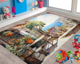Landschaptapijt, zeegezichttapijt, balkontapijt, landschap, zeegezicht, balkon, kleurrijk tapijt, coole tapijten, decoratief tapijt, bedrukt tapijt