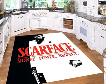 Money Power Respect, retrotapijt Scarface, Scarface-filmkleed, gangsterkleed, Say Hello to my Little Friend, Tony Scarface-kleed, bedrukt tapijt