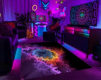 Planeetkleed, ruimtetapijt, vloerkleed nevel, fractaltapijt, neontapijt, mandelbrotset fractal, kleurrijk tapijt, decoratief tapijt, coole tapijten, bedrukt tapijt