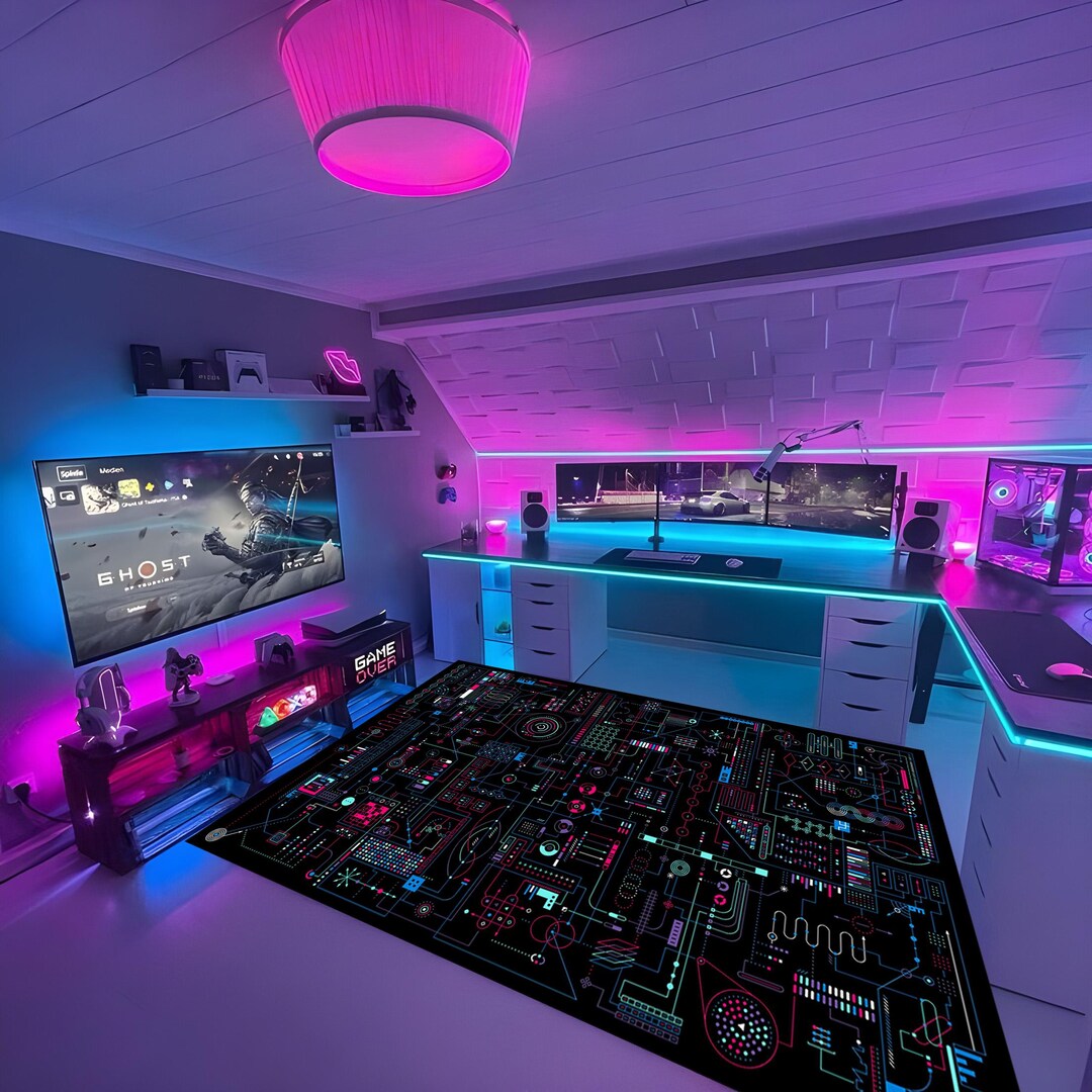 Cyberpunk Circuit Board Rug, Hacker Schematic Gaming Room Carpet, Tech ...