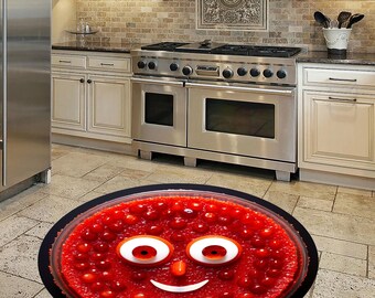 Rond vloerkleed, vloerkleed geleicake, vloerkleed smiley, vloerkleed kersentaart, vloerkleed gelatinecake, vloerkleed rode cake, vloerkleed taartthema, decoratief vloerkleed, vloerkleed met print