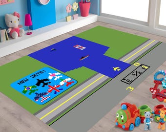 Rug of River Raid, vloerkleed videogame, shoot-emup-tapijt, vloerkleed retrogames, videogame, shoot-em-up, shoot-emup, kleurrijk vloerkleed, bedrukt vloerkleed