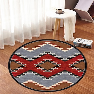 Southwestern Round Rug,Aztec Circle Carpet,Boho Geometric Area Rug,Rustic Tribal Decor,Red Gray Brown Floor Mat,Ethnic Printed Rug