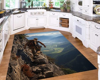 Bergtapijt, landschapskleed, tapijt meerthema, rotsklimtapijt, valleitapijt, berg, landschap, meer, rotsklimmen, vallei, bedrukt tapijt
